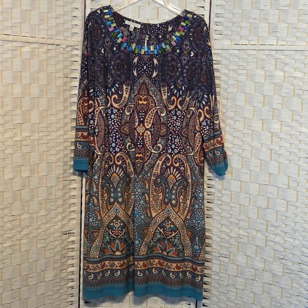 Bohemian Paisley Midi Dress Teal/Orange W/ Stones At Neckline, 20W, VGUC